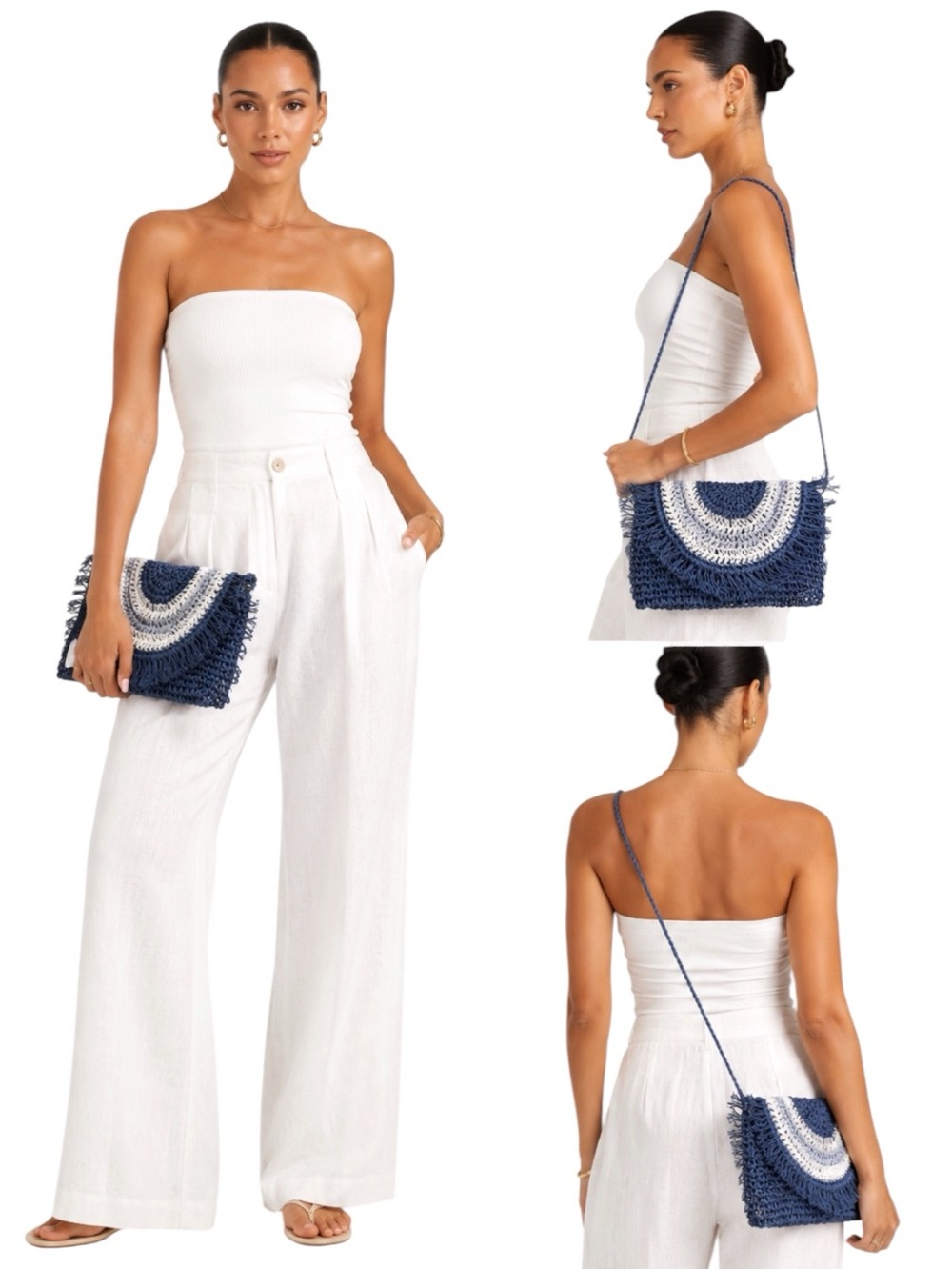 NWT Mia & Tess Straw Paper Bag Convertible Clutch and Shoulder Bag Blue